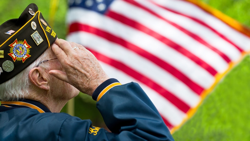 Memorial Day Tributes and Veterans Day honors: a veteran saluting the American flag