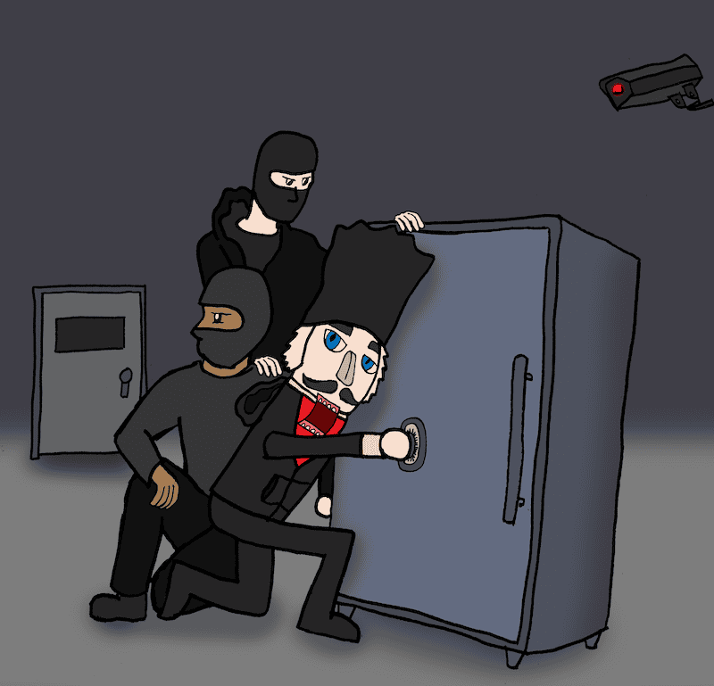 Boomer Caption Contest: June 2024. Three thieves dressed in black, one like a nutcracker doll, are trying to open a safe.