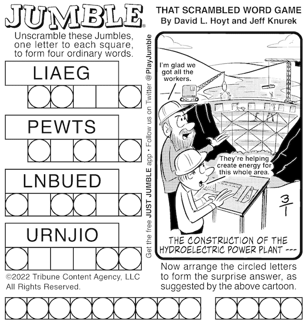 Classic Jumble puzzles with a power plant under construction as the image (accompanying a Jumble for kids with a talking tree)
