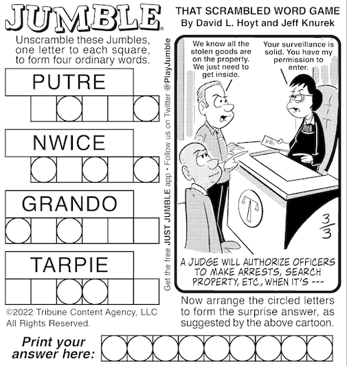 Classic Jumble with some tongue-in-cheek legalese as the bonus clue
