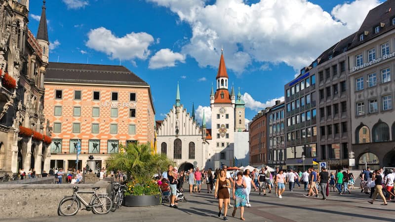 The bustling main square, Marienplatz, is a lively pedestrian zone of sights, shopping, and restaurants, a busy part of small-town Munich. CREDIT: (Dominic Arizona Bonuccelli, Rick Steves’ Europe).
