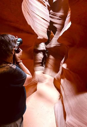 Sand on the author's shoulder from wind in the canyon. Photo Debby Thomas