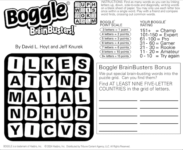 Boggle Word Search puzzle: highlighting a country search