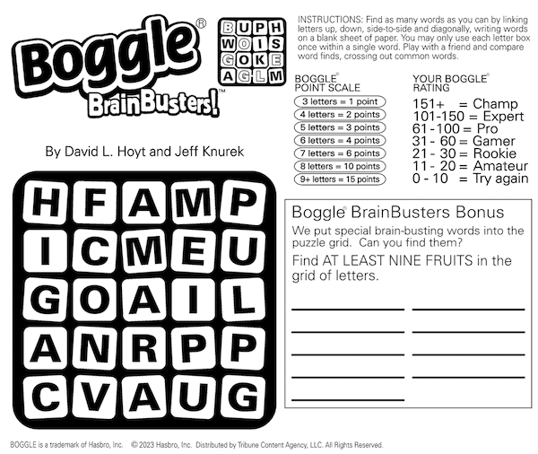 A fruity Boggle puzzle: search for the hidden words, including fruits