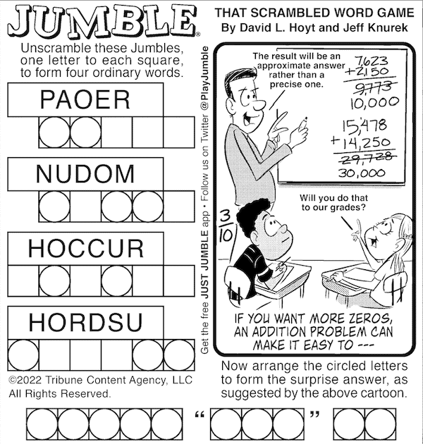 Classic Jumble, with a cartoon of a school math classroom, for this week's Beastly Math puzzle challenge