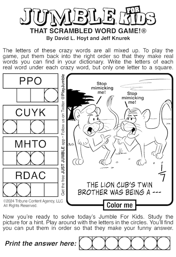 Jumble for Kids puzzle, with a cartoon of lion cub twins, part of this week's Beastly Math challenge.