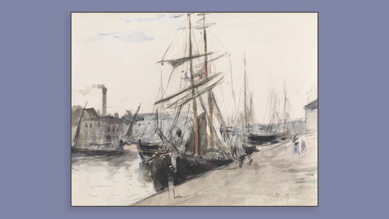 Morisot painting, part of the VMFA "Experimental Lines" exhibition. The Harbor at Cherbourg, 1871 (Le Port de Lorient), 1871, Berthe Morisot (French, 1841–1895), pencil and watercolor. Virginia Museum of Fine Arts, Collection of Mr. and Mrs. Paul Mellon, 2012.66