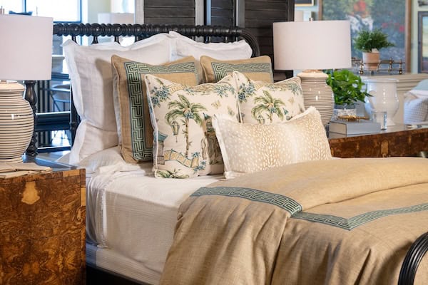 An oasis of neutrals in colors and charming images create this stylish bedscape