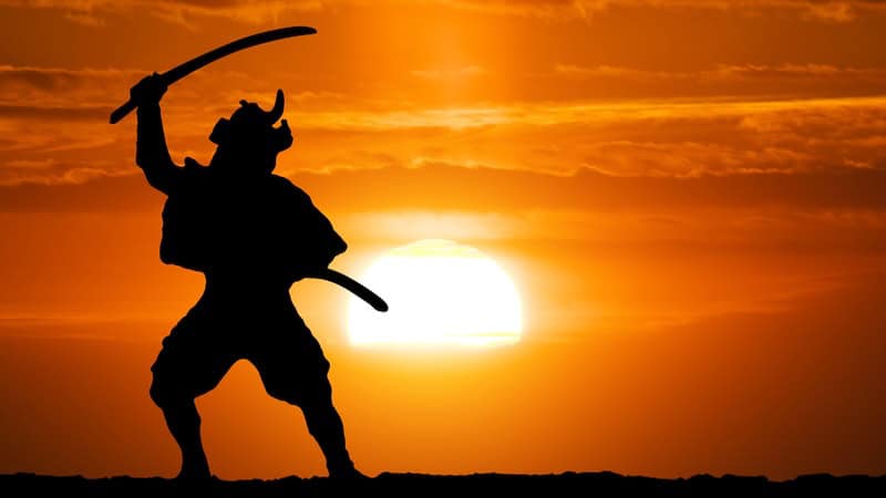 A samurai soldier figure at sunset, sword raised. For what's booming, July 11