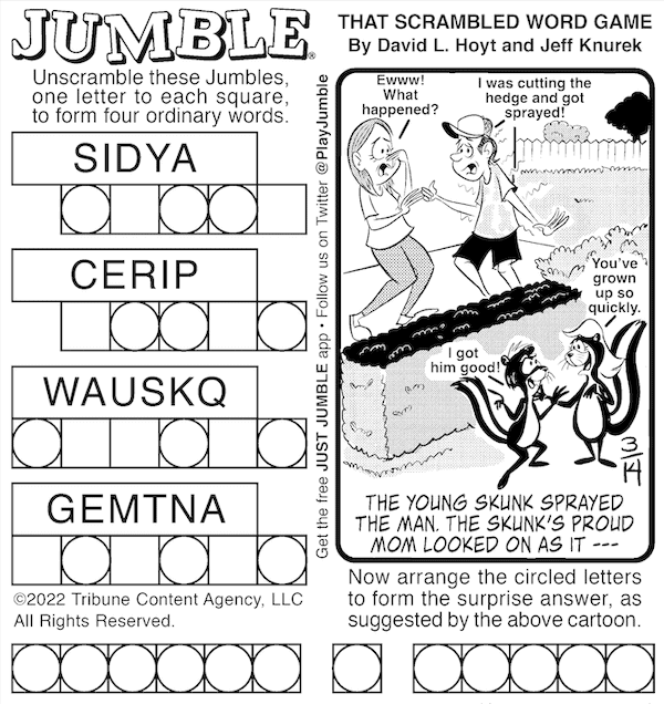 Classic Jumble puzzle, with surprise bonus cartoon featuring two people and two skunks