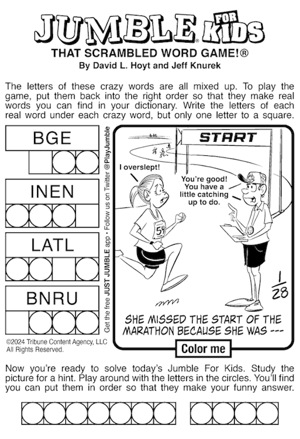 Jumble puzzle for kids, with the surprise bonus answer about a marathon race. This week's Jumble Puzzles with skunks and a race