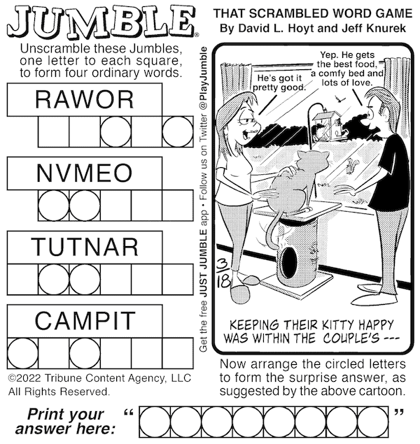 Classic Jumble puzzle with a happy cat as part of the final clue