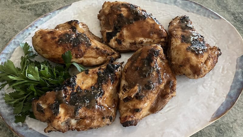 Peachy Twice-Baked Barbecued Chicken. You can start this dish in the morning, refrigerate the chicken, and then grill the chicken pieces just before serving.