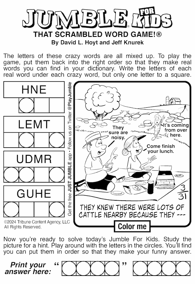 Kids Jumble puzzle with. noisy cows as the final clue