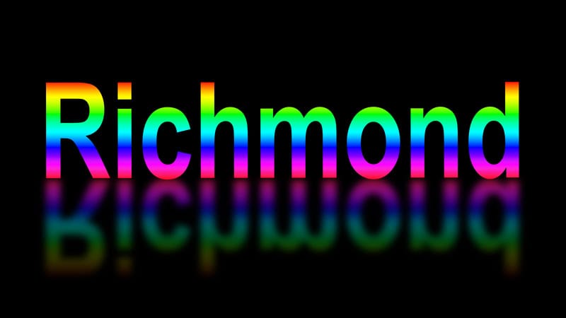 LGBTQ rainbow colors in the word Richmond on a black background