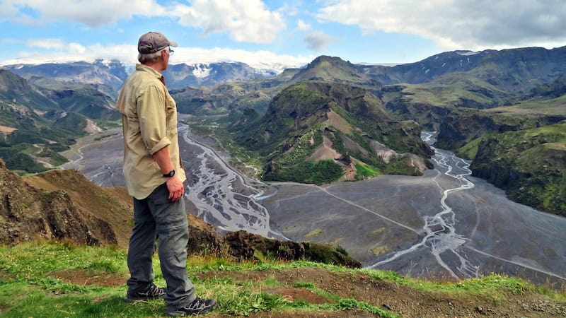 Rugged beauty of Iceland: Hiking trails in Iceland’s thórsmörk region lead to scenic spots high and low. Climbing to the top of Valahnúkur offers a commanding view of the glacier-covered Katla volcano and sprawling rivers flowing to the not-too-distant sea. CREDIT: Glenn Eriksen, Rick Steves’ Europe