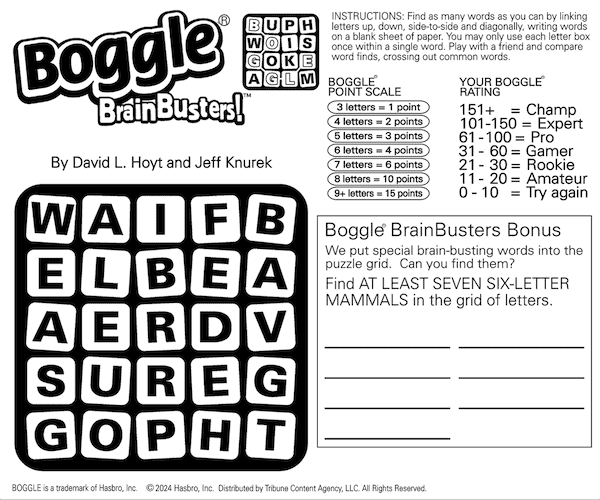 A Boggle word search puzzle featuring six-letter mammals