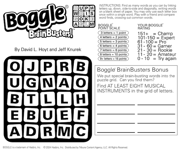 Boggle the musical instruments: word search puzzle