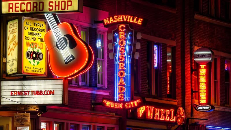 Neon signs on Broadway Street in Music City - Nashville, Tennessee