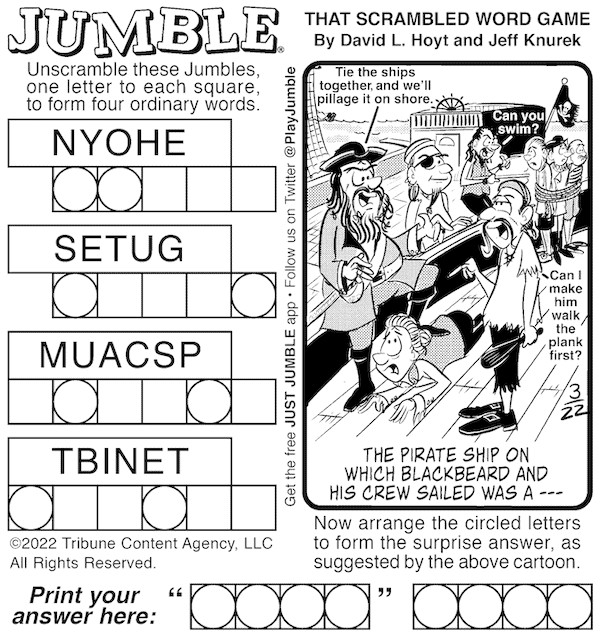 Classic Jumble puzzle, with Blackbeard and his crew in the bonus answer