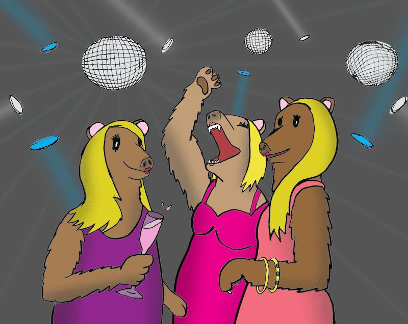 Cartoon image of three bears dressed for an evening at a night club. For Boomer Cartoon Caption Contests October 2024