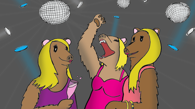 Three bears dressed like women at a nightclub, for the Boomer Name That Cartoon Caption Contest: October 2024