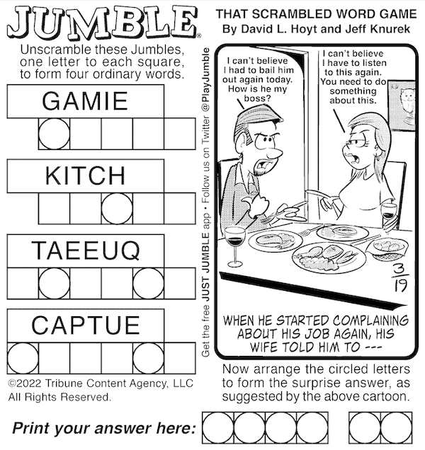 Classic jumble puzzle, with a bonus answer addressing job woes. Paired with the kids' jumble puzzle with an equine playground