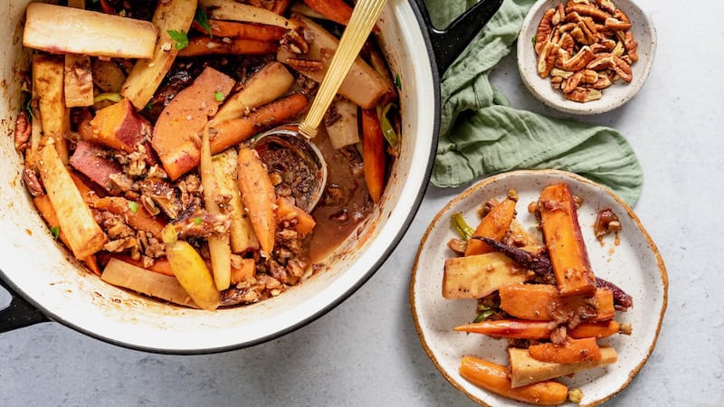 Carrot and Parsnips Tzimmes with Date and Pecans. By Diane Rossen Worthington