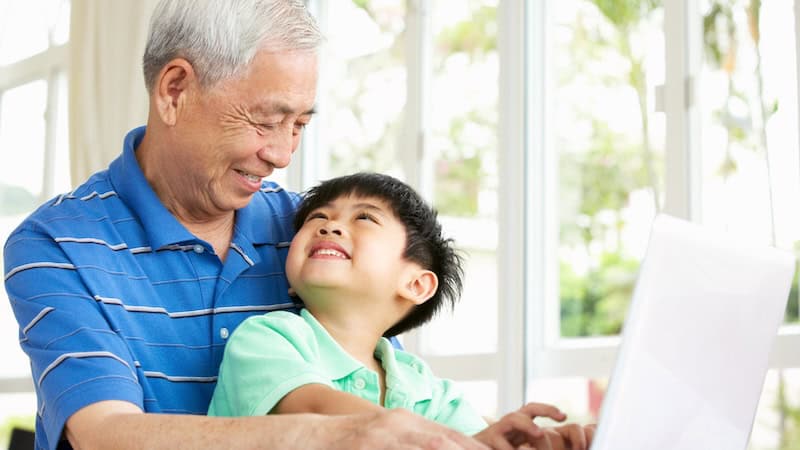 granddad and grandson on a laptop, possibly playing a game like this Jumble for kids and the classic, with a farmer and a priest