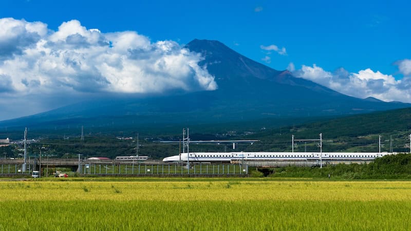 International travel by train can be easy while still providing plenty of great sights to see, like this bullet train in Japan