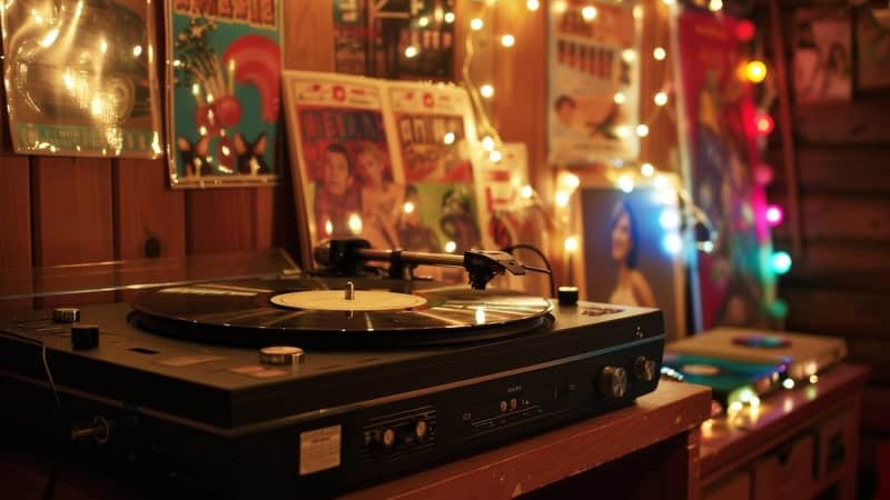 old vinyl record player and albums in a retro room with small light strings. For article on the seasons of Neil Sedaka and Frankie Valli and The Four Seasons