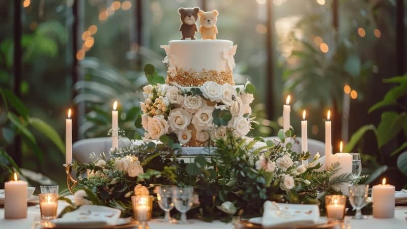 Elegant formal wedding cake and table setting, surrounded by candles and soft lights. By Yulia Gapeenko. Used with Asking Eric: weddings reflect values