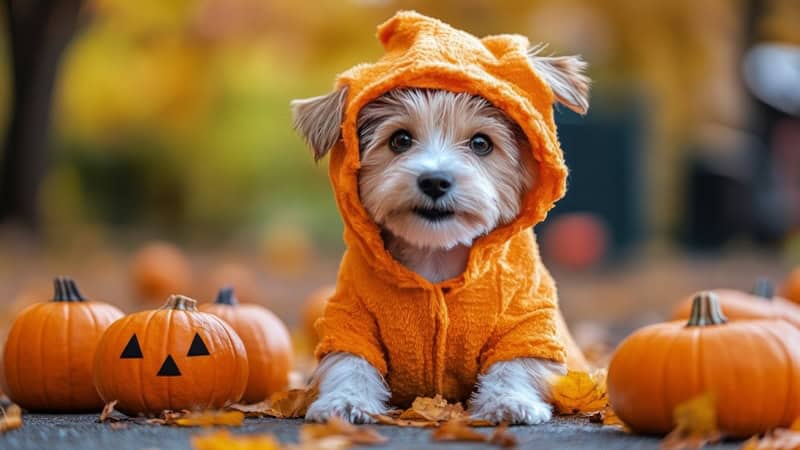 Cute little dog in a Halloween pumpkin costume among pumpkins. For What's Booming, October 24 to 31