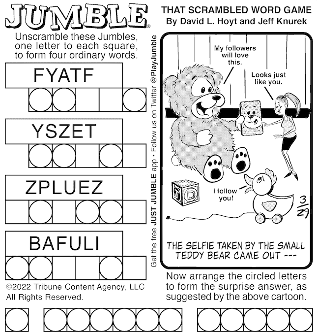 Classic Jumble puzzle with a teddy bear taking a selfie as the final puzzle. For a selfie and soccer combo post