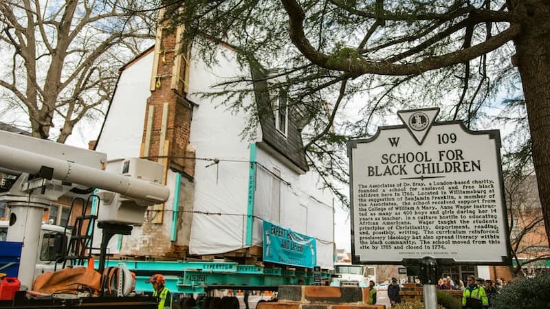 Moving of the Bray School building to it's new location, shot for Colonial Williamsburg Publications. 02/10/2023