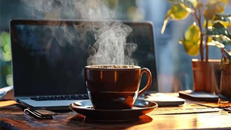 The first sip of coffee in front of a laptop on a rustic table outside. AI generated and photoshopped.