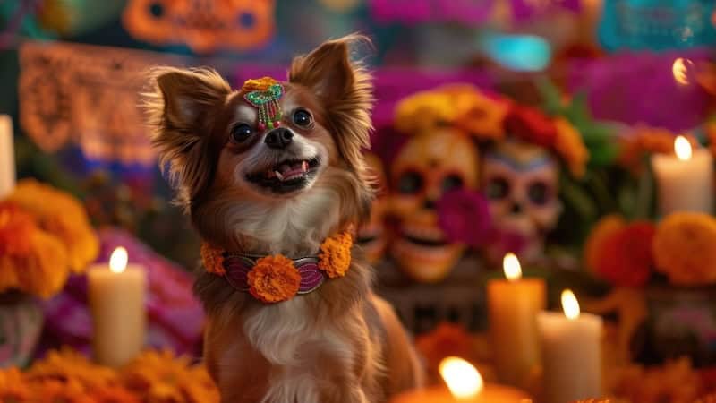 Día de los Muertos: dog amongst marigolds, candles, decorated skulls. For What's Booming, October 31