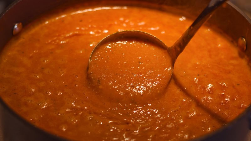 Tomato soup cooking in a pot. Image by SawBear