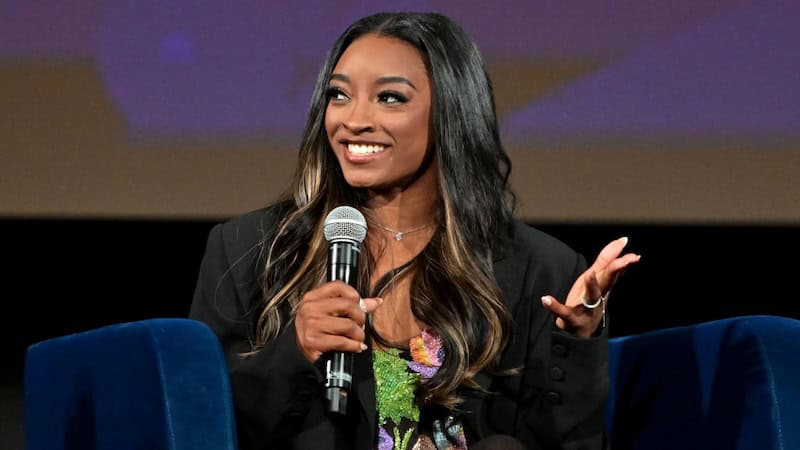 LOS ANGELES, CALIFORNIA - OCTOBER 23: Simone Biles speaks during Netflix's "Simone Biles Rising" premiere event at The Egyptian Theatre Hollywood on October 23, 2024 in Los Angeles, California. (Photo by Charley Gallay/Getty Images for Netflix)