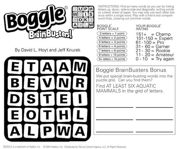 Boggle BrainBusters puzzle: Find the water mammals