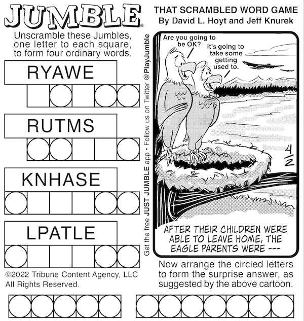 Classic Jumble puzzle with a cartoon of two eagles looking from their nest over a river landscape. For Felines and Eagles - kids and classic puzzles