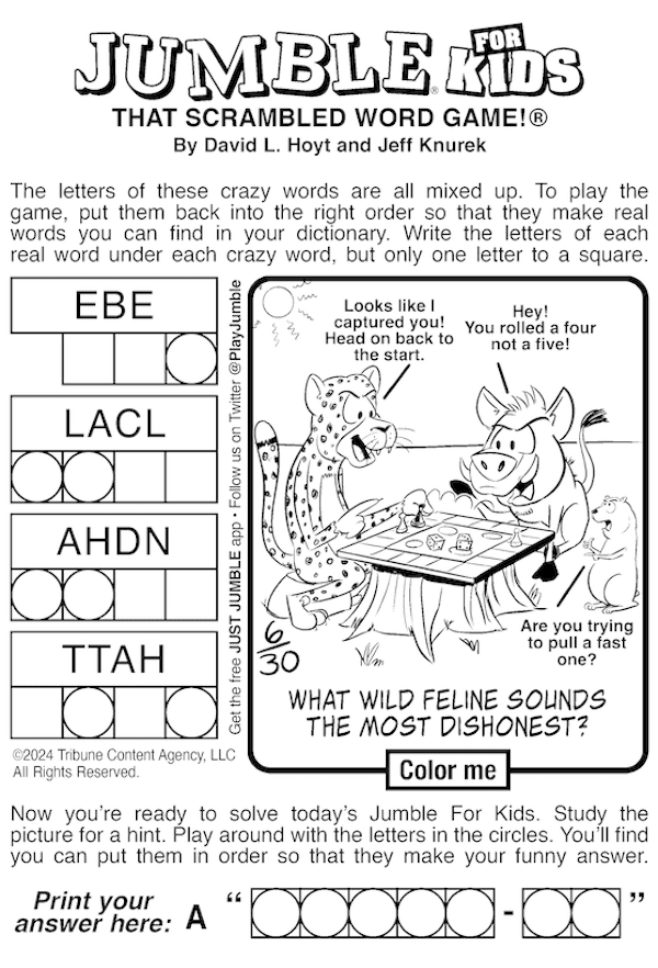 Jumble for Kids puzzle, with wild felines as the final question. Cartoon of African wildlife playing a board game