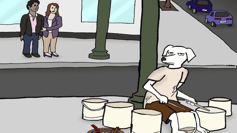 A cartoon of a dog drumming as a busker on the sidewalk as a couple in the background looks on. For the Boomer Name that cartoon caption contest, November 2024