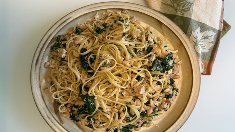 Pasta and tuna reaches new heights with this recipe for linguine and tuna with white beans and spinach and mascarpone cheese.