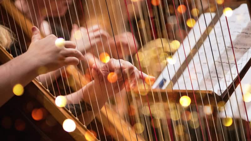 Harp closeup of someone playing, with holiday lights. For One Voice Many Instruments