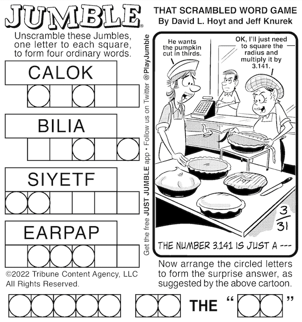 A Jumble scrambled word puzzle with two bakers in a pie shop, customer in the background. For Jumble puzzle with an ocean pun and bakery math.