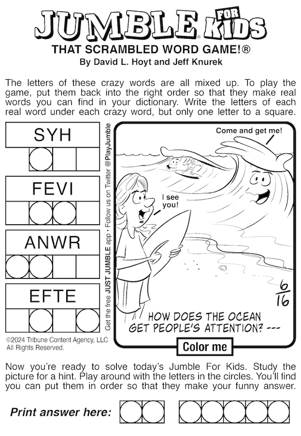 Jumble for Kids puzzle: Four scrambled words and an ocean pun final funny answer