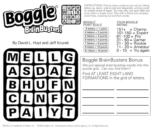 A Boggle word search puzzles, highlighting Boggle the land formations search