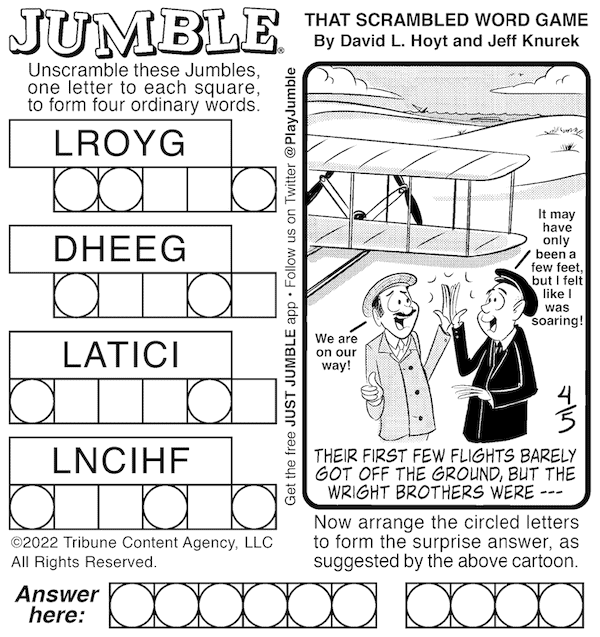 The Classic Jumble puzzle, with the cartoon portraying the Wright Brothers after their first flight.