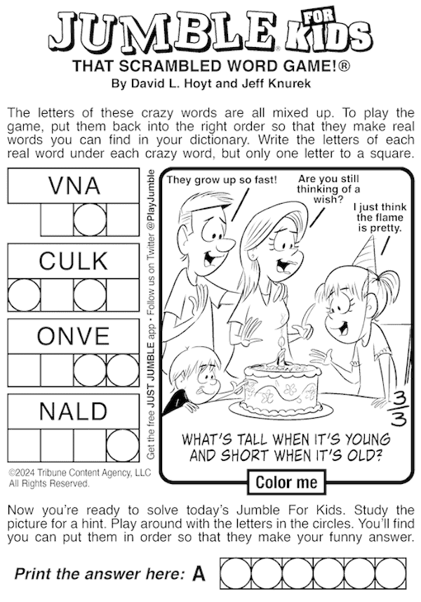 A Jumble for Kids puzzle, with a riddle as the surprise mixed-up answer.